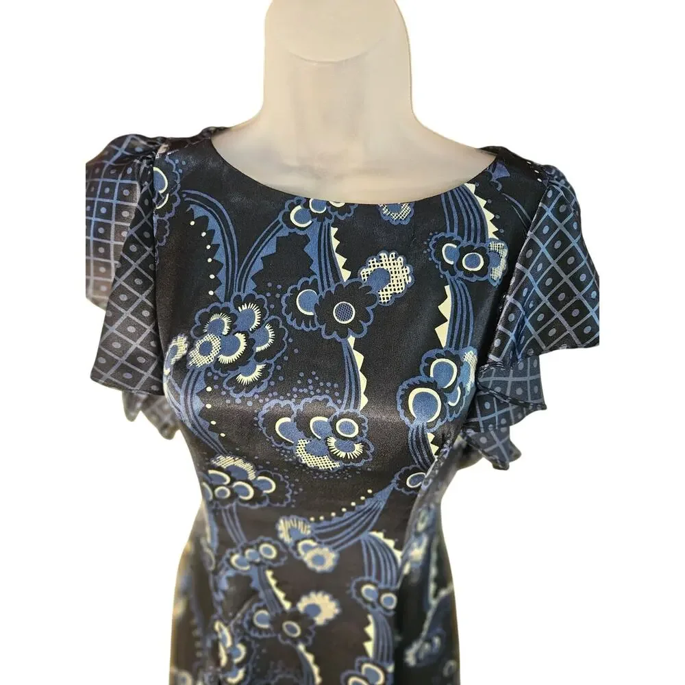 Celia Birdwell Top Shop Blue Floral Dress Vintage Ruffled Open Back Silky Sz 8 - Picture 5 of 13
